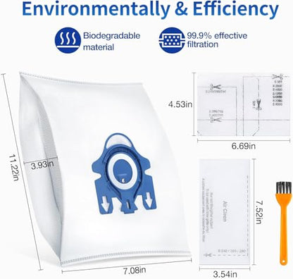 Rowhalf 12 Pack 3D Dust Bags for Miele GN C1 C2 C3 S2 S5 S8 Vacuum | Also fits S400i/S600; includes 4 MP+4 AC filters; 3D pleated design for higher capacity, lasting suction power