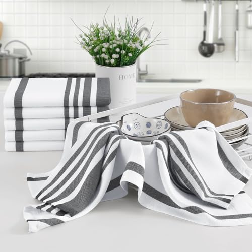 Homaxy Premium Kitchen Towels 18”x 28”, Large Cotton 380 GSM Kitchen Hand Towels, Stripe and Terry Dish Towel, Highly Absorbent Tea Towel Set with Hanging Loop, 12 Pack, Black - color: Black Stripe, style: 12-pack