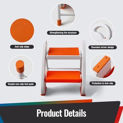 Toddler Step Stool - Foldable 2-Step Stool with Non-Slip Rubber Feet & Platform, Safety Lock, 300lbs Capacity, Lightweight for Potty Training, Bathroom Sink, Kitchen, Orange