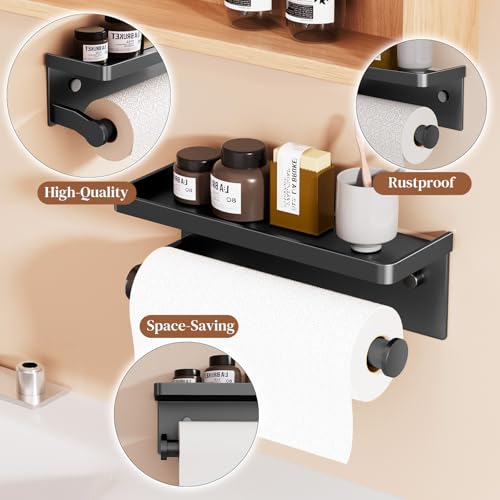 Black Paper Towel Holder with Shelf, Wall Mount Paper Towel Holder for Bathroom Kitchen, Hand Towel Rack Holder,Paper Roll Holder with Self Adhesive & Screw,RV - color: Black Pro