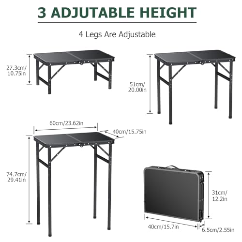 Portable Folding Camping Table 3-Level Height Adjustable Picnic Table with Aluminum Frame and Carry Handle, Lightweight Small Foldable Outdoor Side Table for Camping Travel Beach Hiking RV Indoor Use