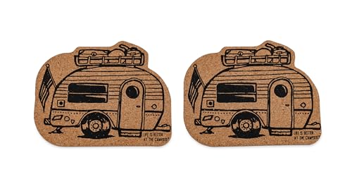 Camco Life is Better at The Campsite Coasters - Features Unique RV Themed Design & Crafted of Cork - Prevents Water Rings & Water Marks on Furniture - 2-Pack (53384)