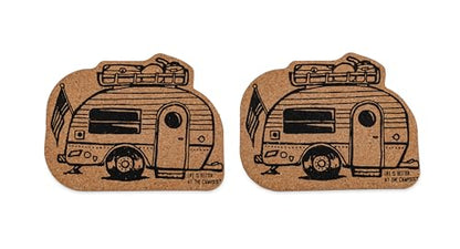 Camco Life is Better at The Campsite Coasters - Features Unique RV Themed Design & Crafted of Cork - Prevents Water Rings & Water Marks on Furniture - 2-Pack (53384)