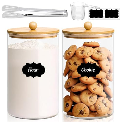 ComSaf 1 Gallon Cookie Jar, Large Glass Jar with lid, Glass Canisters with Lids Set of 2, 3.9 Qt Flour Container with Spoon and Clip, Glass Food Storage Pantry Containers for Sugar Oat Beans Pasta - color: 3.9Qt/1Gallon-Round-2Pack