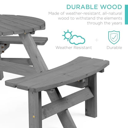 Best Choice Products 6-Person Circular Outdoor Wooden Picnic Table for Patio, Backyard, Garden, DIY w/ 3 Built-in Benches, 500lb Capacity - Gray - color: Grey