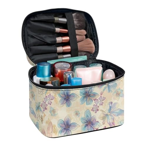 Cosmetic Bags Dragonfly Flower Printed Makeup Organizer Case for Women Ladies Multifunctional Toiletry Bursh Holder Purse Bathroom Receive Bag - color: Dragonfly Flower