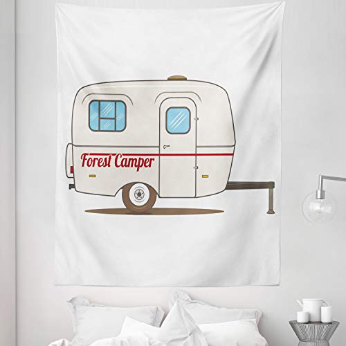 Lunarable Camper Tapestry Twin Size, Vintage Van Recreational Caravan Travelers Truck on the Road Retro Graphic Design, Wall Hanging Bedspread Bed Cover Wall Decor, 68" X 88", Beige - size: 68" X 88"