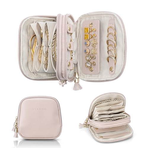 VLANDO Travel Jewelry Case,2-Layer Jewelry Organizer for Travel,Gifts for Women,Travel Essentials,Multi-Compartment Jewelry Storage for Rings Earrings Necklaces Bracelets - Pink - color: Apricot Pink