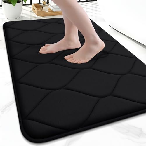 Smiry Memory Foam Bath Mat 24"x16", Ultra Soft Non-Slip Bathroom Rug, Plush Water Absorbent Quick Dry and Machine Washable Floor Mat for Shower, Tub & Home Decor, Black - color: Black, size: 24"x16"