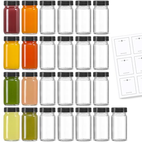 25 Pack 2 oz Glass Shot Bottles w/ Black Lids & 25 Labels - Small Clear Jar for Ginger, Wellness Shot, Juice, Sample, Whiskey - Travel Essentials Mini Bottles - Wide Mouth, Leakproof, Dishwasher Safe - color: Black Lid, size: 25 Pack