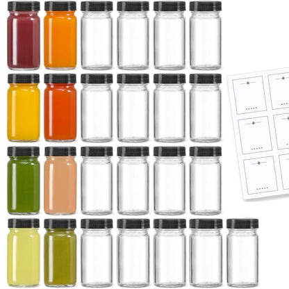 25 Pack 2 oz Glass Shot Bottles w/ Black Lids & 25 Labels - Small Clear Jar for Ginger, Wellness Shot, Juice, Sample, Whiskey - Travel Essentials Mini Bottles - Wide Mouth, Leakproof, Dishwasher Safe - color: Black Lid, size: 25 Pack