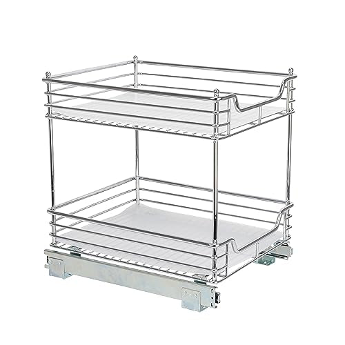 Household Essentials Glidez Chrome-Plated Steel Pull-Out/Slide-Out Storage Organizer with Plastic Liners for Under Cabinet Use - 2-Tier Design - Fits Standard Size Cabinet or Shelf, Chrome - size: 14.5" - Standard, style: 2-Tier