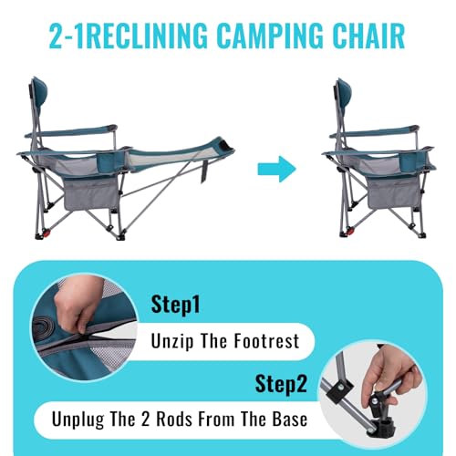 #WEJOY 2-in-1 Reclining Camping Chair with Footrest for Adults Folding Lounge Chair with Adjustable Backrest Lightweight Camping Chairs Heavy Duty Camp Chairs for Outdoor - color: Cyan/Grey