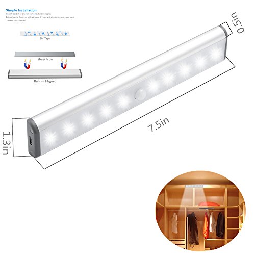 RXWLKJ Stick-on Anywhere Portable Little Light Wireless LED Under Cabinet Lights 10-LED Motion Sensor Activated Night Light Build in Rechargeable Battery Magnetic Tap Lights for Closet, Cabinet