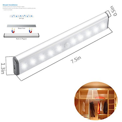 RXWLKJ Stick-on Anywhere Portable Little Light Wireless LED Under Cabinet Lights 10-LED Motion Sensor Activated Night Light Build in Rechargeable Battery Magnetic Tap Lights for Closet, Cabinet