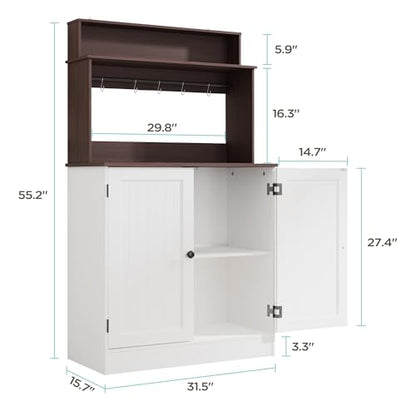 MHOM Farmhouse Bar Cabinet with Storage, Coffee Station Cabinet with 5 Hooks, Small Coffee Bar for Kitchen & Living Room, Antique White - color: White