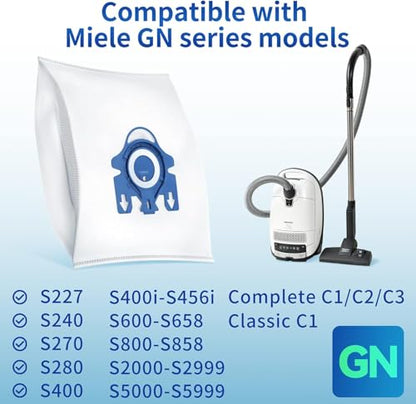 Rowhalf 12 Pack 3D Dust Bags for Miele GN C1 C2 C3 S2 S5 S8 Vacuum | Also fits S400i/S600; includes 4 MP+4 AC filters; 3D pleated design for higher capacity, lasting suction power