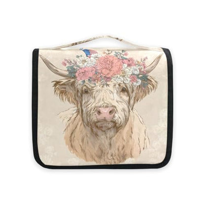 Retro Flower Highland Cow Hanging Toiletry Makeup Bag Travel Organizers Toiletries Cosmetics Bag for Women - color: Flower Highland Cow