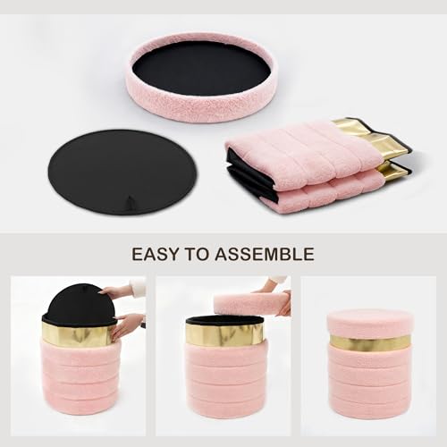 Round Ottoman with Storage, Foldable Vanity Stool with Soft Padded, Boucle Foot Stool for Dorm Room, Living Room and Bedroom, Pink