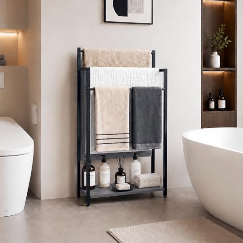 Freestanding Towel Rack, 3 Tier Blanket Ladder Stand with Oak Grey Wooden Shelf for Bathroom Living Room (31.5" H x 16.9" W x7.9 D) - color: Oak Grey, size: 31.5"H x 16.9"W x7.9"D