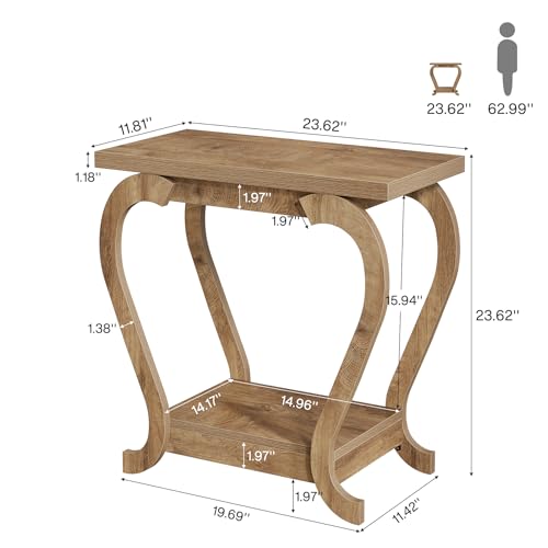 Tribesigns Narrow End Table with Storage, 2-Tier Wooden Side Table for Small Spaces, Slim Nightstand Bedside Table for Living Room & Bedroom, Rustic Brown, 23.6 Inch (1, Brown) - color: Brown