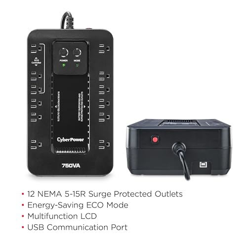 CyberPower EC750G Ecologic UPS Battery Backup and Surge Protector, 750VA/450W, 12 Outlets, ECO Mode, Compact, UL Certified - style: 750VA