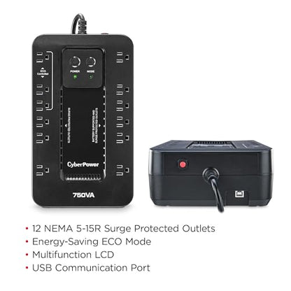 CyberPower EC750G Ecologic UPS Battery Backup and Surge Protector, 750VA/450W, 12 Outlets, ECO Mode, Compact, UL Certified - style: 750VA
