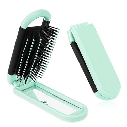 Travel Folding Hair Brush with Mirror for Women, Small Collapsable Hair Comb with Soft Nylon Bristles Portable Mini Pocket Size Scalp Hairbrush for Purse Thick Thin Curly Straight Wet Dry Hair - color: Light Green