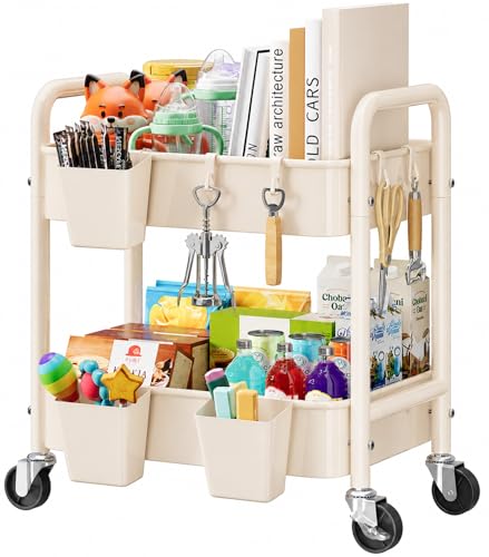 Beige 2 Tiered Small Rolling Cart on Wheels, Diaper Caddy Bedside Cart for Baby Nursery Essentials, Metal Under Desk Short Rolling Snack Carts for Bathroom, Under Table Side, Art, Craft, Makeup,Office - color: Gentle‌ Beige, size: 2 Tier + Cups + Hooks
