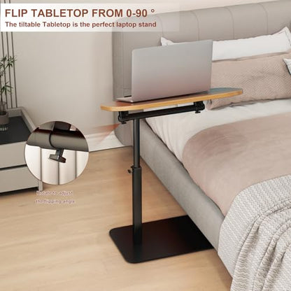 Solid Wood C Shaped Side Table for Sofa/Bed, Adjustable Height C Shaped End Table Metal Base, 360°Swivel/Flip Top Couch Tables That Slide Under, Small Spaces Laptop Stand Coffee Table (Wood) - color: Wood