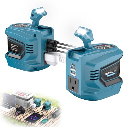 LIVOWALNY 200W Power Inverter Compatible with Makita 18V Battery, DC 18V to AC 110-120V Power Station with 1 AC Outlet, 2 USB, 1 Type-C & LED Light, for Camping Power Outage (No Battery) (2-Pack) - color: Blue, size: 2-PACK