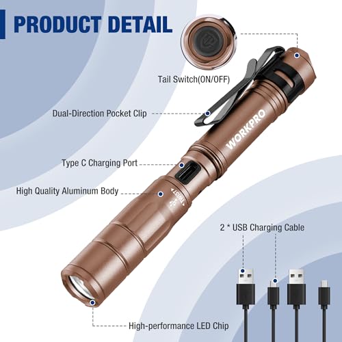 WORKPRO Rechargeable Pen Light, Mini Flashlight, 2 Pack Ultra-Compact EDC Flashlight, Pocket Flashlight with Clip, Memory Function and 2 x USB C Cable Included, Brown - color: Brown