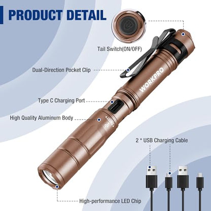 WORKPRO Rechargeable Pen Light, Mini Flashlight, 2 Pack Ultra-Compact EDC Flashlight, Pocket Flashlight with Clip, Memory Function and 2 x USB C Cable Included, Brown - color: Brown