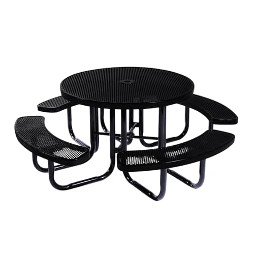 COATEDOUTDOORFURNITURE Heavy-Duty Portable Outdoor Picnic Table with Umbrella Hole, Punched Steel Commercial-Grade Patio Dining Furniture Made in America (46" Round Top, Black) - color: Black, size: 46 In, Round, Punched Steel