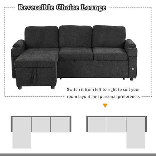 83.5" L-Shaped Foldable Sofa Couch, Modern Chenille Pull Out Couch with UAB, Convertible Love Seat Sofa Bed with Adjustable Back and Pillow for Living Room, RV, Small Spaces (Black, 83.5") | Modern Chenille - color: Black, size: 83.5"
