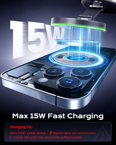 Magnetic Phone Charging Holder Mount for Magsafe Car Mount Charger, 15W Fast Charger Wireless [108+LBS Suction & 3800gf Magnetic], 360° Vacuum Magnetic Phone Holder for iPhone 17 Pro Max Air 16-12