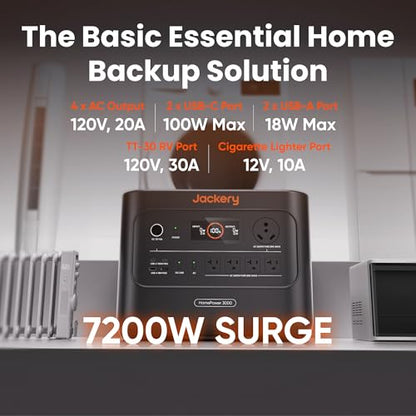 Jackery HomePower 3000 Portable Power Station and Transfer Switch with 2X 200W Panels, 3600W (Surge 7200W) Output, 3072Wh LFP Battery Solar Generator, USB-A/C for Essential Home Backup, Emergencies - style: HomePower 3000+2x200W+Transfer Switch