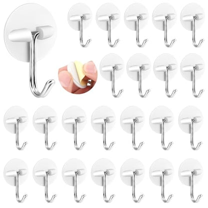 24pcs Round Plastic Hooks - Small Self Stick Hooks for Hanging, White, Waterproof & Oil Proof for Kitchen Utensils