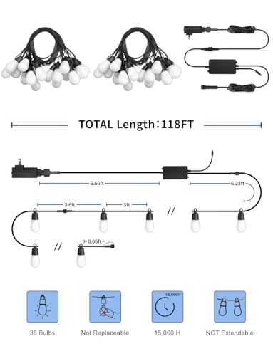 Outdoor String Lights APP Control with Remote, 118(98+12) ft RGB+IC+Warm White Outdoor Light 36 LED Bulbs, NOT Extendable, Music Sync for Garden Party Decor Christmas - size: 118FT S14 RGB Smart IC