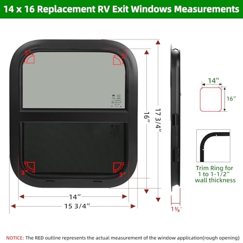 NOVINO RV Window for Trailer Camper,Vertical Sliding Replacement RV Window for Cargo Trailer Camper Utility Van Truck SUV,14" W x 16" H, Fit 15/16" or 1-3/8" Thick Wall,Allow Error 1/16",DOT Approved - size: 14"W x 16"H