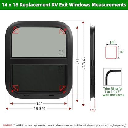 NOVINO RV Window for Trailer Camper,Vertical Sliding Replacement RV Window for Cargo Trailer Camper Utility Van Truck SUV,14" W x 16" H, Fit 15/16" or 1-3/8" Thick Wall,Allow Error 1/16",DOT Approved - size: 14"W x 16"H