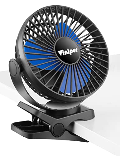 Viniper 6 inch Rechargeable Clip on Fan, 5000mah Battery Desk Fan : 360° Rotation & 3 Speeds Strong Wind Portable Fan, 8-30 Working Hours, Quiet and Powerful (Black,blue) - color: Black blue, style: 5000mah Clip fan