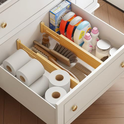 BAMEOS Bamboo Expandable Drawer Dividers – Fits 13.3"–19" Drawers, 3" Deep Walls, Set of 4 | Spring-Loaded Separator for Deep Kitchen & Bathroom Drawers, Prevents Items Falling Over - size: 3''H, 13.3''-19''L