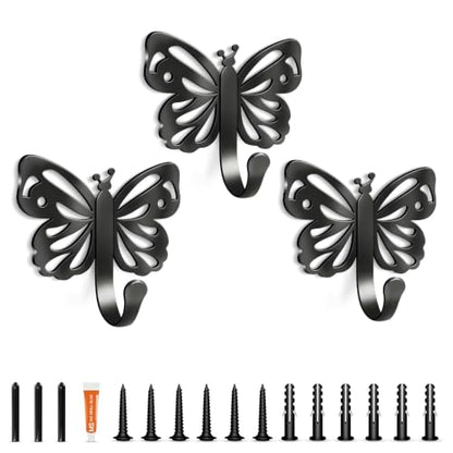 Butterfly Design Metal Hook for Both Screw Mounting and Strong Adhesive | Suitable for Living Room, Bathroom, Kitchen, Bedroom for Coat, Bag, Scarf, Towel, Hat, Key, Cup, Black 3 Set - style: 3B