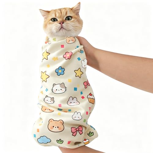 29.5" Cat Grooming Wrap,cat wrap for Cutting Nails,Self-Adhesive cat Swaddle wrap cat Restraint cat wrap Blanket for Medicine, Nail Clipping, Teeth Brushing,White Rabbit(Within 16lbs) - color: White Rabbit, size: XL-29.5in