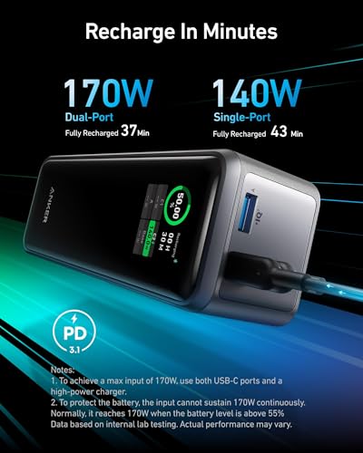 Anker Prime Power Bank, 27,650mAh 3-Port 250W Portable Charger for Travel, TSA-Approved, Smart App, for MacBook Pro/Air, iPhone 16/15/14 Series, Samsung, Laptops, and More (Charging Base Not Included)