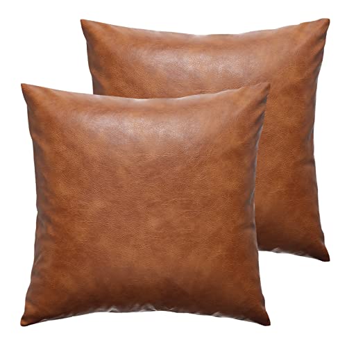 Faux Leather Throw Pillow Covers, 20x20 Inch Set of 2 Brown Lumbar Boho Modern Square Home Decorative Pillow Cases for Outdoor Living Room Couch Bed Sofa Bedroom Cushion Covers - size: 20" x 20" (Pack of 2)