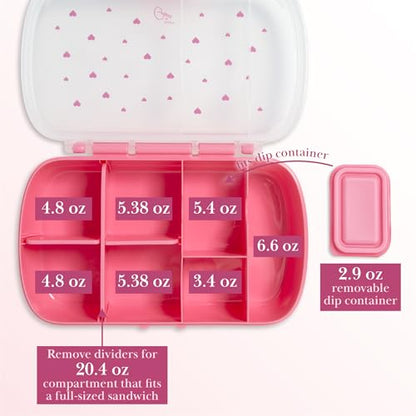 Paris Hilton 2-Pack Bento Style Snack Boxes, 7-Compartment Lunch Containers with Built-In Phone Stand, Removable Dividers and Dip Containers, Pink Heart Print - color: Pink Heart Print