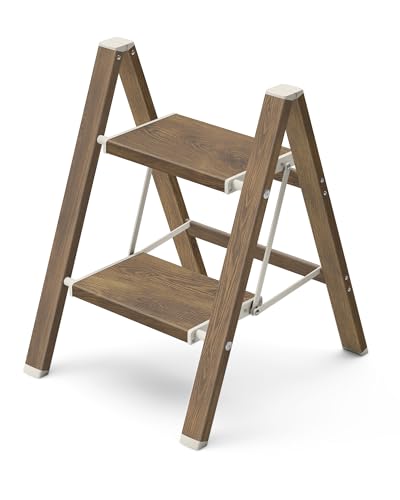 Mayi Plus 2 Step Ladder,Aluminum Folding Step Stool for Adults,Step Ladder with Wide Anti-Slip Pedal,330 lbs Capacity for Home,Kitchen,Library,Office(Cherry Woodgrain) - color: Cherry Woodgrain, size: 2 Step