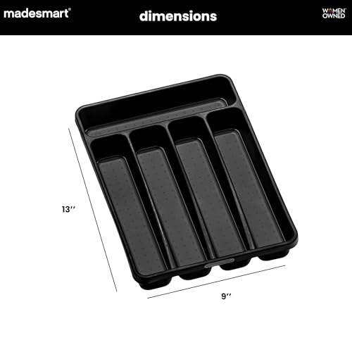 madesmart Small Silverware Tray, Compact 5 Compartment Flatware Organizer for Forks, Knives & Spoons, Non Slip, Soft Grip Lining, Fits Small Drawers, Carbon - color: Carbon